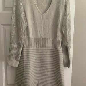 Sweater dress boutique size large gray with lace sleeves v neck never worn